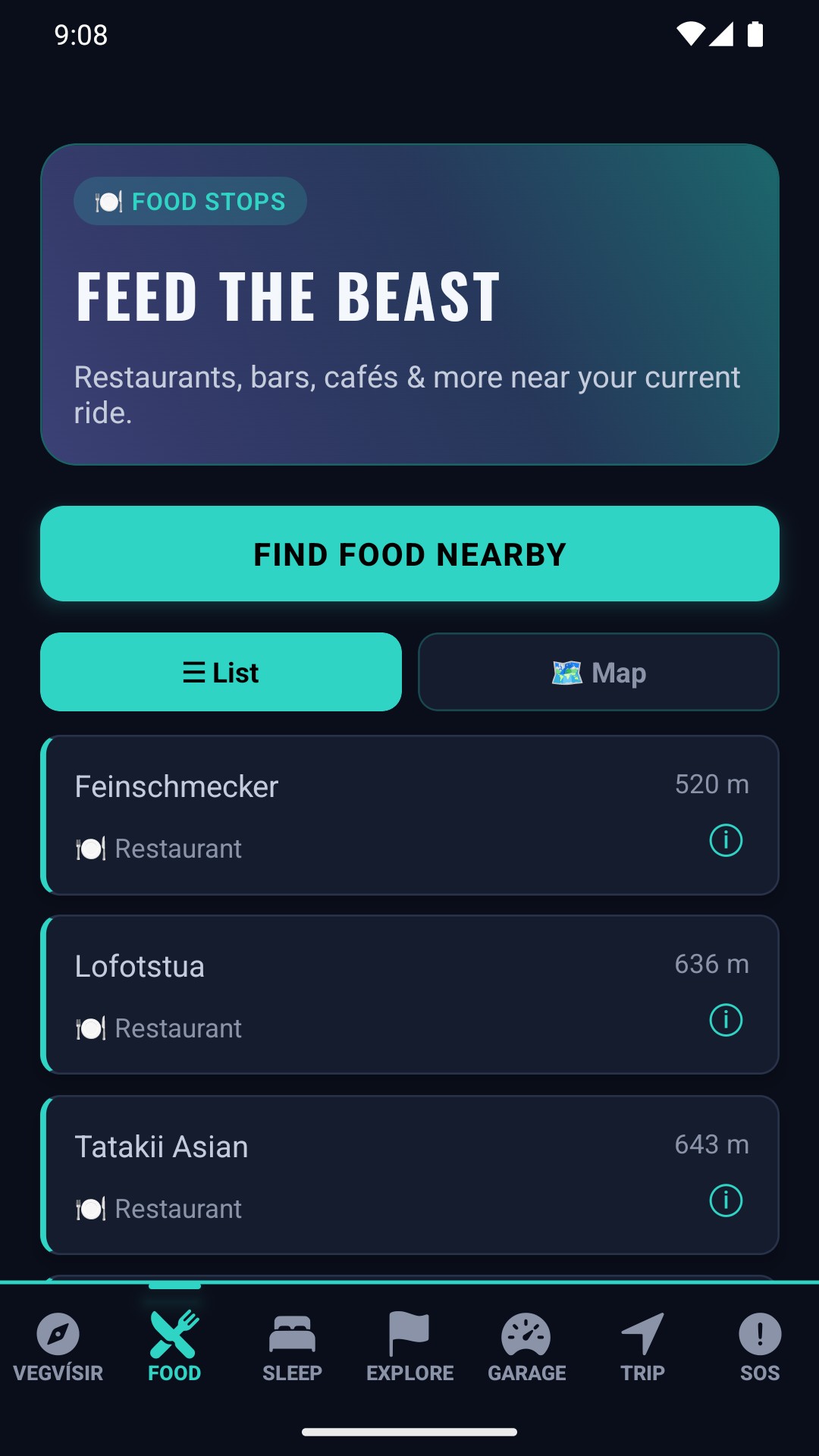 Food stops list — clean, glanceable results with distances